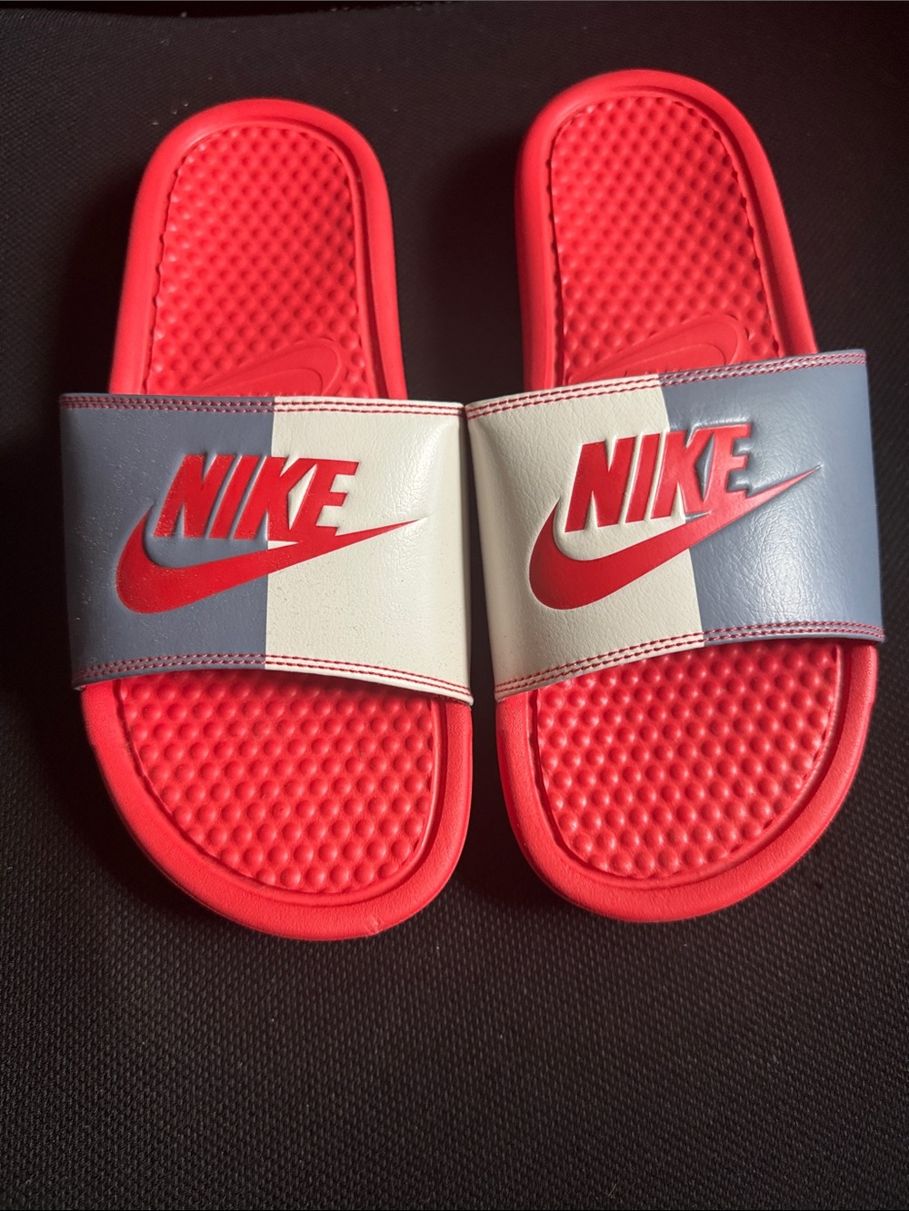 Nike Women’s Red Slide Sandals with Grey and White Color-Block